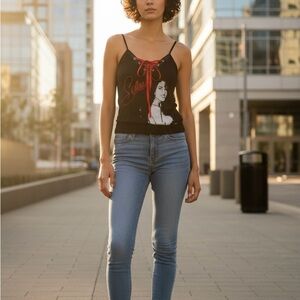 Selena Lace-Up Ribbon Spaghetti Strap Black/Red Retro Cami Edgy Women’s Size S